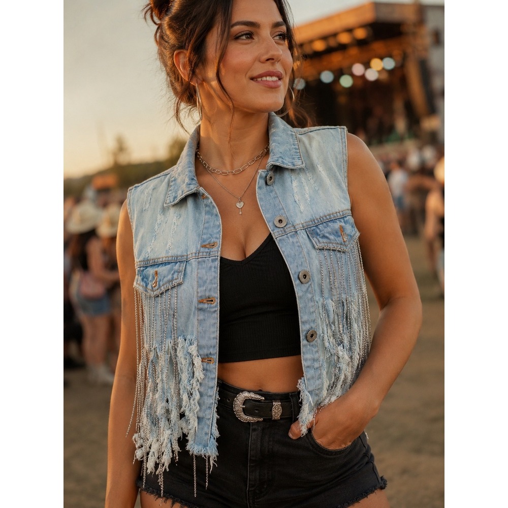 Spoon Jeans Denim Vest Women XL Blue Distressed Rhinestone Fringe Western Crop